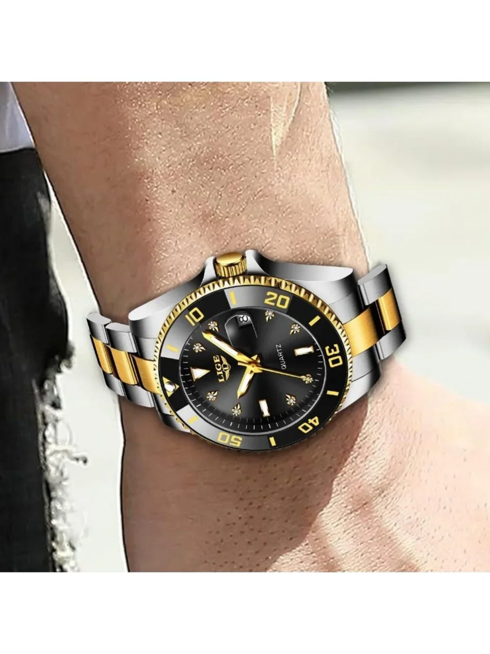 Men's Silver Gold Black Quartz Analog Stainless Steel Waterproof Date Wristwatch
